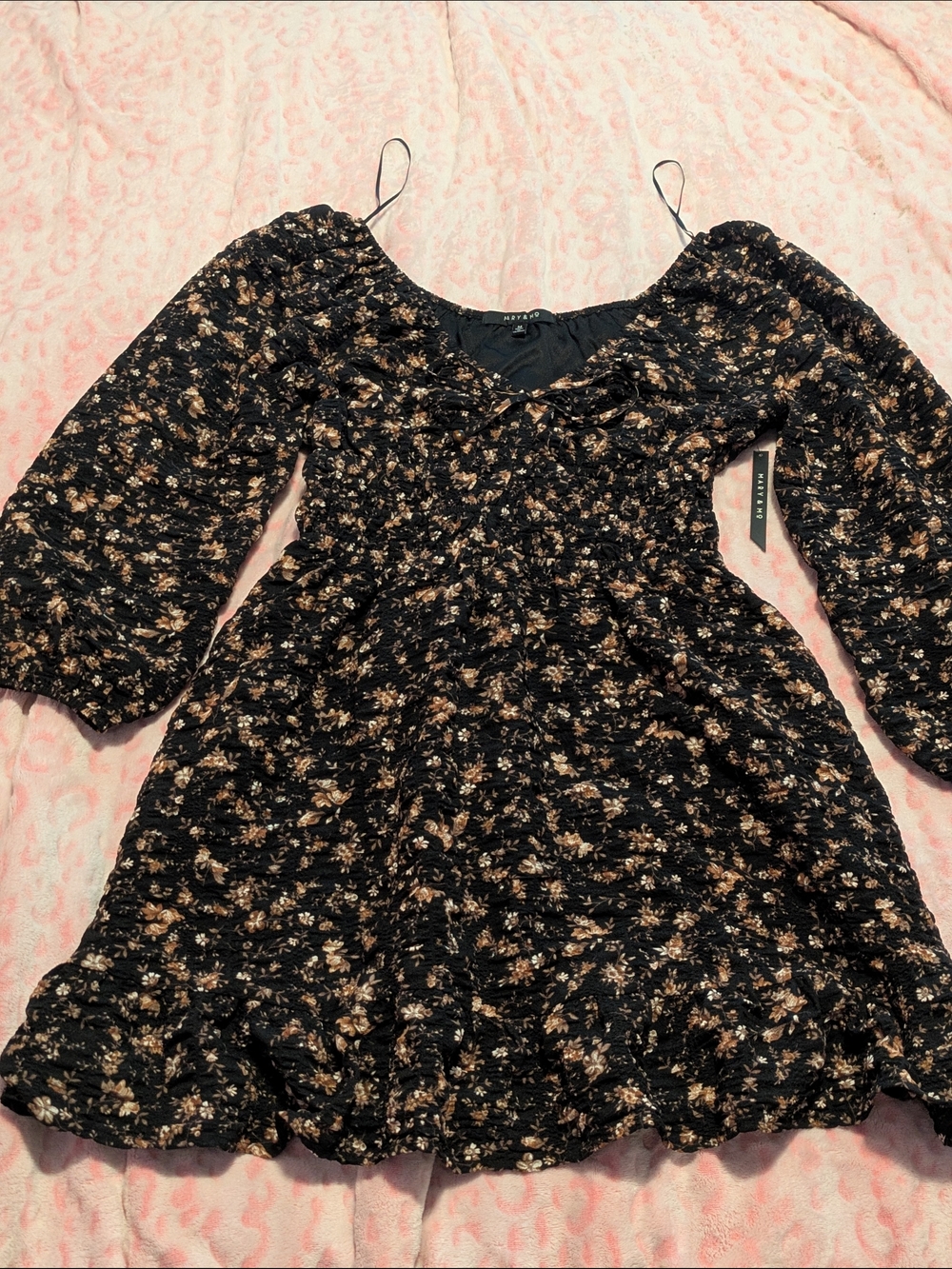 Black Floral Mini Dress Puff Sleeves Mary And Mo Medium